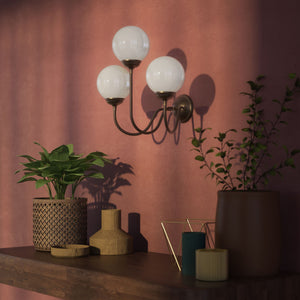 Brass wall lamp with three glossy white glass globes, elegant design, interior lighting by Ghidini 1849 - Finish: OBM Bronze Satin Matt Brass