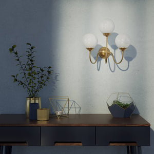 Brass wall lamp with three glossy white glass globes, elegant design, interior lighting by Ghidini 1849 - Finish: OBS Bronze Satin Brass