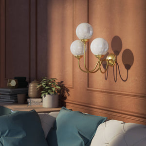 Brass wall lamp with three glossy white glass globes, elegant design, interior lighting by Ghidini 1849 - Finish: OBV Bronze Satin Light Brass