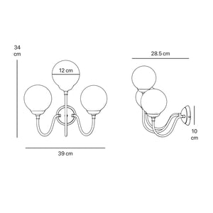 Brass wall lamp with three glossy white glass globes, elegant design, interior lighting by Ghidini 1849