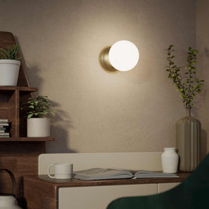 Art Deco wall light with glossy white glass sphere and circular brass structure classic and elegant Italian design - Finish: OBV Bronze Satin Light Brass