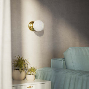 Art Deco wall light with glossy white glass sphere and circular brass structure classic and elegant Italian design - Finish: OLV Polished Brass