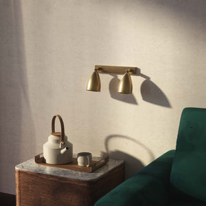 Brass wall lamp with two adjustable spots, perfect for living rooms, offices, and industrial-style interiors by Ghidini 1849 - Finish: OBS Bronze Satin Brass