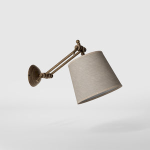 Adjustable brass wall lamp with grey fabric shade, double articulated joint, classic contemporary design Made in Italy by Ghidini 1849 - Finish: OAS Antique Brass