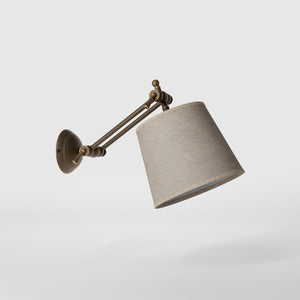 Adjustable brass wall lamp with grey fabric shade, double articulated joint, classic contemporary design Made in Italy by Ghidini 1849 - Finish: OBM Bronze Satin Matt Brass