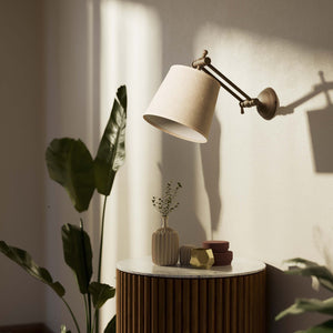 Adjustable brass wall lamp with grey fabric shade, double articulated joint, classic contemporary design Made in Italy by Ghidini 1849 - Finish: OBM Bronze Satin Matt Brass