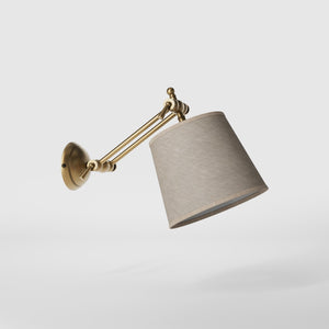 Adjustable brass wall lamp with grey fabric shade, double articulated joint, classic contemporary design Made in Italy by Ghidini 1849 - Finish: OBS Bronze Satin Brass