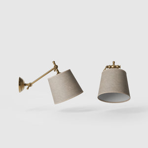 Adjustable brass wall lamp with grey fabric shade, double articulated joint, classic contemporary design Made in Italy by Ghidini 1849 - Finish: OBS Bronze Satin Brass