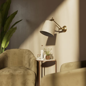 Adjustable brass wall lamp with grey fabric shade, double articulated joint, classic contemporary design Made in Italy by Ghidini 1849 - Finish: OBS Bronze Satin Brass