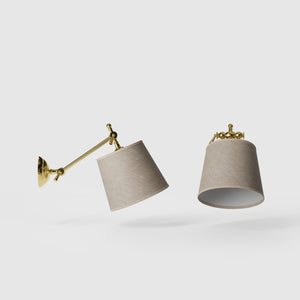 Adjustable brass wall lamp with grey fabric shade, double articulated joint, classic contemporary design Made in Italy by Ghidini 1849 - Finish: OLV Polished Brass