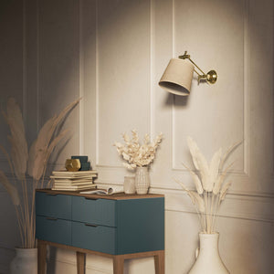 Adjustable brass wall lamp with grey fabric shade, double articulated joint, classic contemporary design Made in Italy by Ghidini 1849 - Finish: OLV Polished Brass