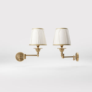 Classic brass wall lamp with adjustable arm and ivory fabric shade, gold decorative trim, floral rosette base London - Finish: OBS Bronze Satin Brass