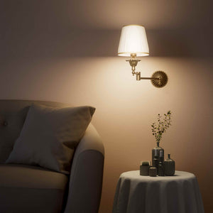Classic brass wall lamp with adjustable arm and ivory fabric shade, gold decorative trim, floral rosette base London - Finish: OBS Bronze Satin Brass