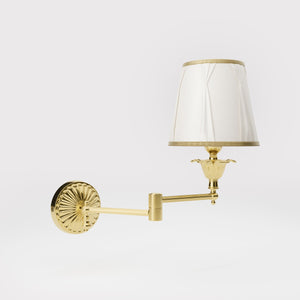 Classic brass wall lamp with adjustable arm and ivory fabric shade, gold decorative trim, floral rosette base London - Finish: OLV Polished Brass