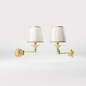 Classic brass wall lamp with adjustable arm and ivory fabric shade, gold decorative trim, floral rosette base London - Finish: OLV Polished Brass