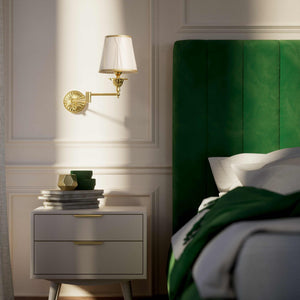 Classic brass wall lamp with adjustable arm and ivory fabric shade, gold decorative trim, floral rosette base London - Finish: OLV Polished Brass