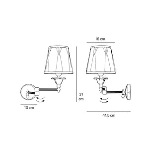 Classic brass wall lamp with adjustable arm and ivory fabric shade, gold decorative trim, floral rosette base London