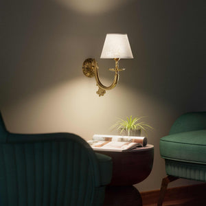 Classical brass wall lamp with decorated white fabric shade, curved arm and ornamental rosette, traditional floral details - Finish: OBS Bronze Satin Brass