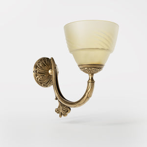 Art Nouveau brass wall lamp with floral decorated arm and frosted glass diffuser with geometric diamond pattern by Ghidini 1849 - Finish: OBS Bronze Satin Brass