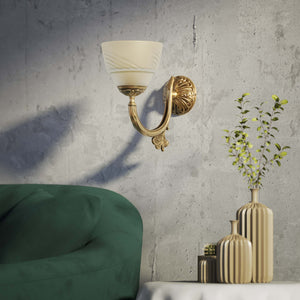 Art Nouveau brass wall lamp with floral decorated arm and frosted glass diffuser with geometric diamond pattern by Ghidini 1849 - Finish: OBS Bronze Satin Brass