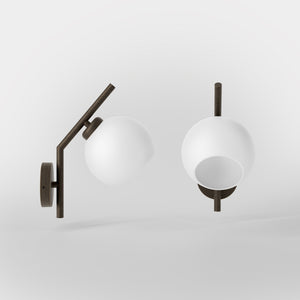 Brass wall lamp with spherical opal glass diffuser, modern and geometric design, perfect for elegant and contemporary interiors by Ghidini 1849 - Finish: OBM Bronze Satin Matt Brass