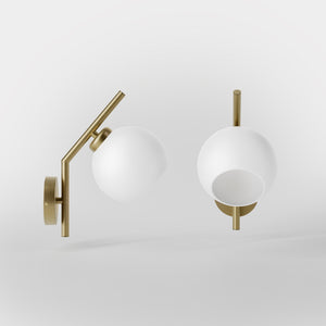 Brass wall lamp with spherical opal glass diffuser, modern and geometric design, perfect for elegant and contemporary interiors by Ghidini 1849 - Finish: OBV Bronze Satin Light Brass