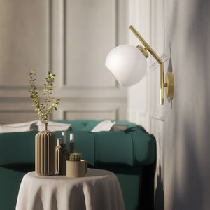 Brass wall lamp with spherical opal glass diffuser, modern and geometric design, perfect for elegant and contemporary interiors by Ghidini 1849 - Finish: OBV Bronze Satin Light Brass