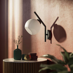 Brass wall lamp with spherical opal glass diffuser, modern and geometric design, perfect for elegant and contemporary interiors by Ghidini 1849 - Finish: ONO Matt Black