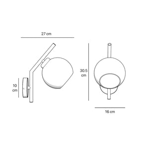 Brass wall lamp with spherical opal glass diffuser, modern and geometric design, perfect for elegant and contemporary interiors by Ghidini 1849