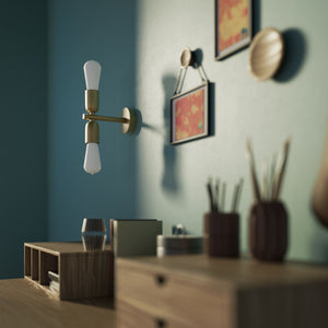 Modern brass wall sconce with dual light, minimalist and refined design, ideal for homes, hotels, and boutiques by Ghidini 1849 - Finish: OBV Bronze Satin Light Brass