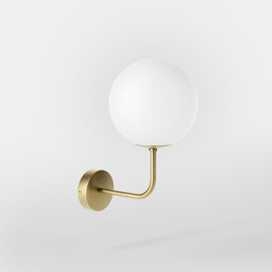 Art Deco wall sconce with frosted glass sphere and curved brass arm, Made in Italy design by Ghidini 1849 - Finish: OBV Bronze Satin Light Brass