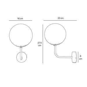 Art Deco wall sconce with frosted glass sphere and curved brass arm, Made in Italy design by Ghidini 1849