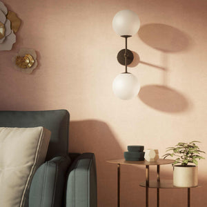 Modern wall light with two frosted glass spheres and vertical brass structure Made in Italy design by Ghidini 1849 - Finish: OBM Bronze Satin Matt Brass