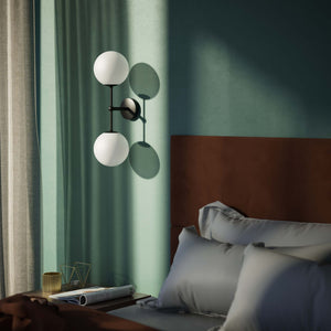 Modern wall light with two frosted glass spheres and vertical brass structure Made in Italy design by Ghidini 1849 - Finish: ONO Matt Black