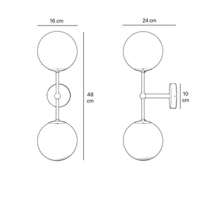 Modern wall light with two frosted glass spheres and vertical brass structure Made in Italy design by Ghidini 1849