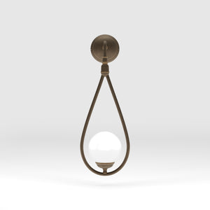 Art Deco teardrop wall sconce in brass with glossy white glass sphere, elegant and refined design for decorative wall lighting by Ghidini 1849 - Finish: OBM Bronze Satin Matt Brass