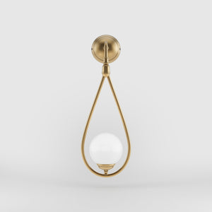 Art Deco teardrop wall sconce in brass with glossy white glass sphere, elegant and refined design for decorative wall lighting by Ghidini 1849 - Finish: OBS Bronze Satin Brass