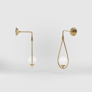 Art Deco teardrop wall sconce in brass with glossy white glass sphere, elegant and refined design for decorative wall lighting by Ghidini 1849 - Finish: OBS Bronze Satin Brass