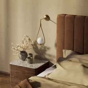 Art Deco teardrop wall sconce in brass with glossy white glass sphere, elegant and refined design for decorative wall lighting by Ghidini 1849 - Finish: OBS Bronze Satin Brass