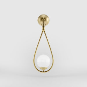 Art Deco teardrop wall sconce in brass with glossy white glass sphere, elegant and refined design for decorative wall lighting by Ghidini 1849 - Finish: OBV Bronze Satin Light Brass
