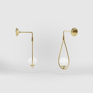 Art Deco teardrop wall sconce in brass with glossy white glass sphere, elegant and refined design for decorative wall lighting by Ghidini 1849 - Finish: OBV Bronze Satin Light Brass