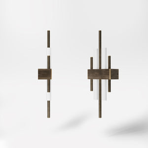 Brass wall lamp with two lights, compatible with OSRAM S14D bulbs, geometric design by Ghidini 1849 - Finish: OBM Bronze Satin Matt Brass