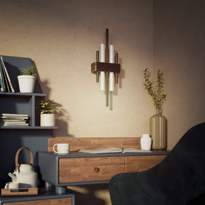 Brass wall lamp with two lights, compatible with OSRAM S14D bulbs, geometric design by Ghidini 1849 - Finish: OBM Bronze Satin Matt Brass