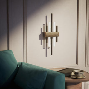 Brass wall lamp with two lights, compatible with OSRAM S14D bulbs, geometric design by Ghidini 1849 - Finish: OBM Bronze Satin Matt Brass