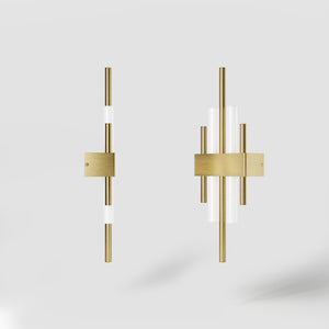 Brass wall lamp with two lights, compatible with OSRAM S14D bulbs, geometric design by Ghidini 1849 - Finish: OBV Bronze Satin Light Brass