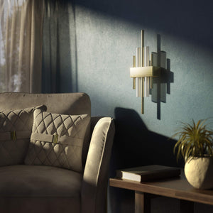 Brass wall lamp with two lights, compatible with OSRAM S14D bulbs, geometric design by Ghidini 1849 - Finish: OBV Bronze Satin Light Brass