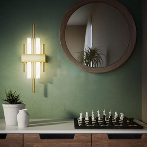 Brass wall lamp with two lights, compatible with OSRAM S14D bulbs, geometric design by Ghidini 1849 - Finish: OBV Bronze Satin Light Brass