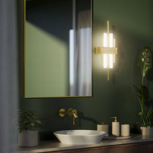 Brass wall lamp with two lights, compatible with OSRAM S14D bulbs, geometric design by Ghidini 1849 - Finish: OLV Polished Brass