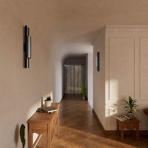 Contemporary brass wall lamp with tubular design, emits light upwards and downwards, ideal for modern spaces by Ghidini 1849 - Finish: ONO Matt Black