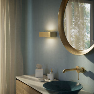 Rectangular brass wall light with dual light emission upwards and downwards, sleek modern design Made in Italy by Ghidini 1849 - Finish: OBV Bronze Satin Light Brass